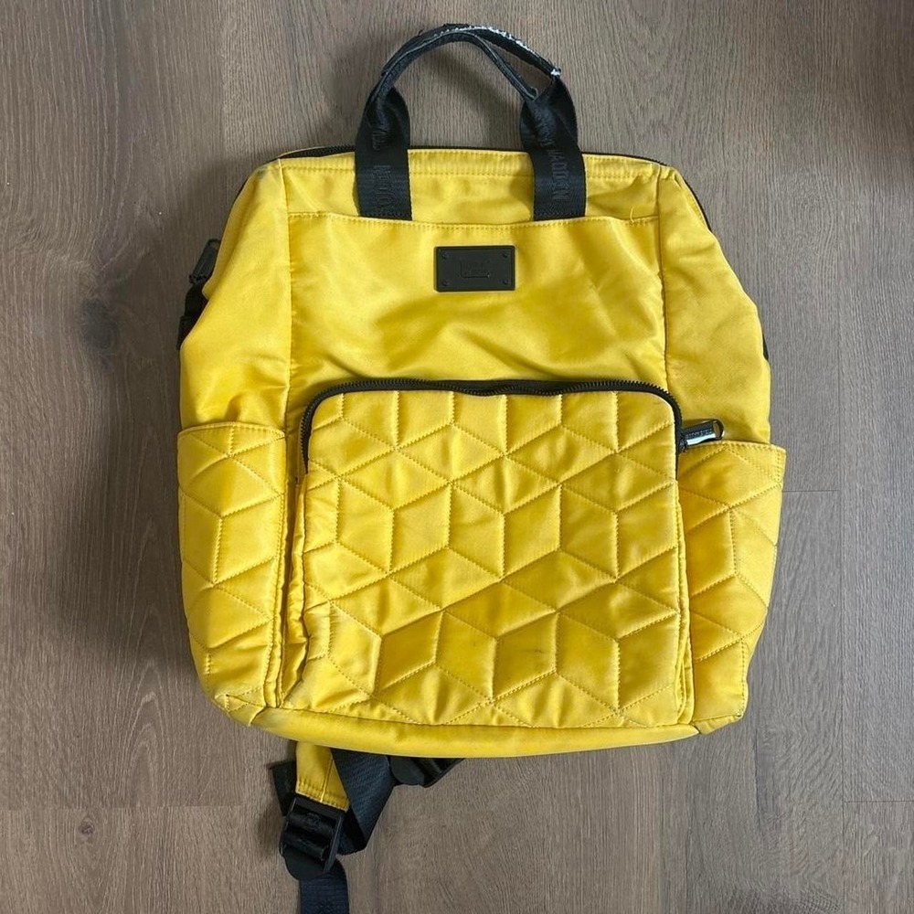 Steve Madden Yellow Geometric Quilted Nylon Backpack Womens Black Trim Bag